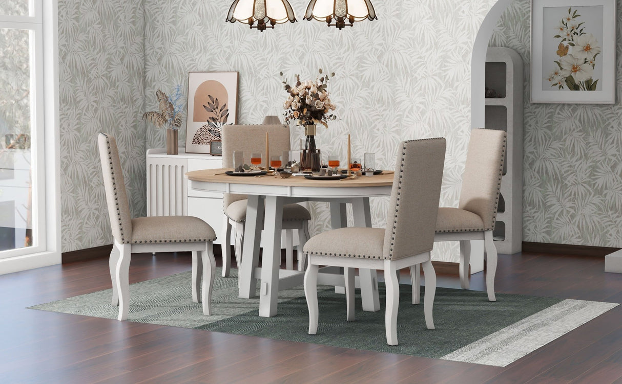 TREXM 5-Piece Farmhouse Dining Table Set Wood Round Extendable Dining Table and 4 Upholstered Dining Chairs (Oak Natural Wood + Antique White) - Home Elegance USA
