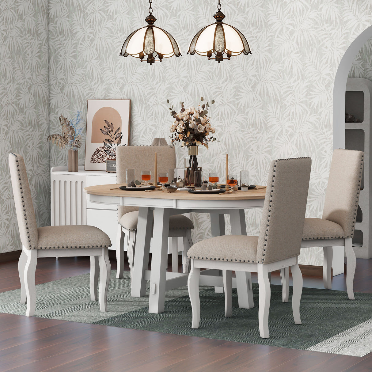 TREXM 5-Piece Farmhouse Dining Table Set Wood Round Extendable Dining Table and 4 Upholstered Dining Chairs (Oak Natural Wood + Antique White) - Home Elegance USA