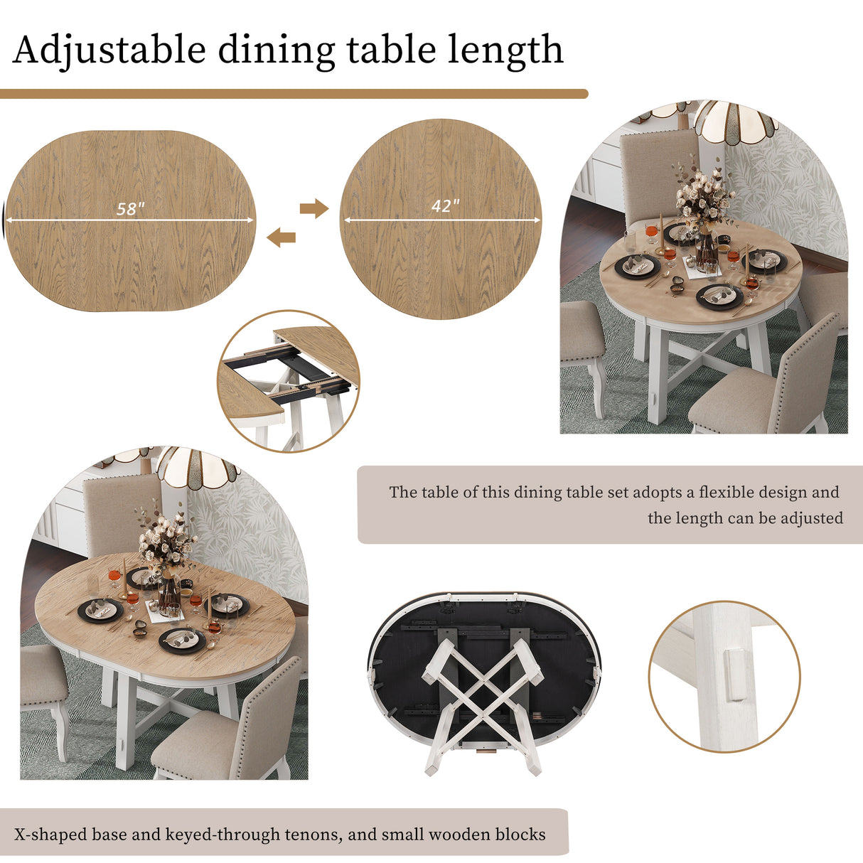 TREXM 5-Piece Farmhouse Dining Table Set Wood Round Extendable Dining Table and 4 Upholstered Dining Chairs (Oak Natural Wood + Antique White) - Home Elegance USA
