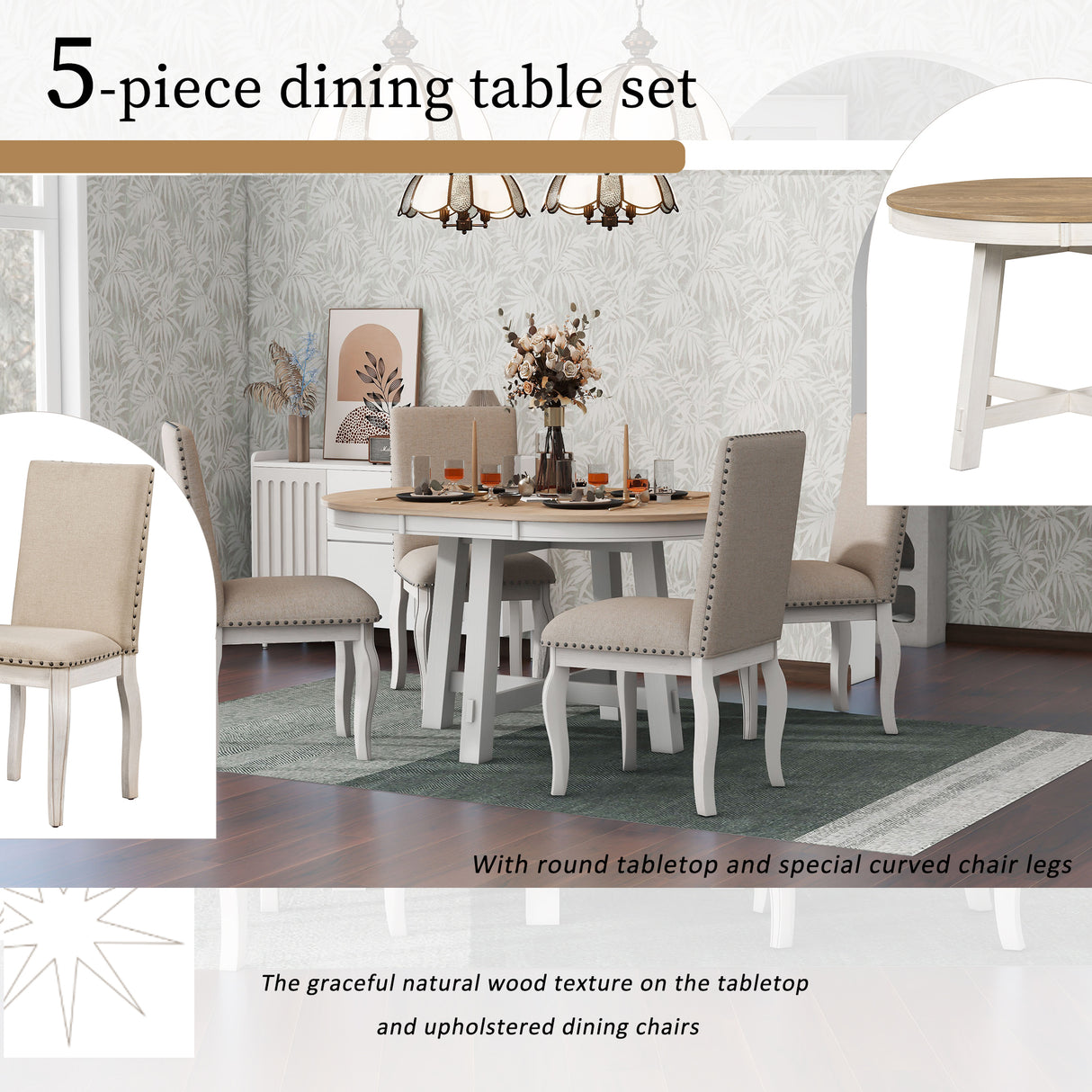 TREXM 5-Piece Farmhouse Dining Table Set Wood Round Extendable Dining Table and 4 Upholstered Dining Chairs (Oak Natural Wood + Antique White) - Home Elegance USA
