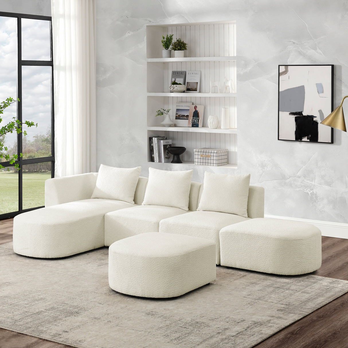 L Shape Sectional Sofa with Left Side Chaise and Ottoman, Modular Sofa, DIY Combination, Loop Yarn Fabric, Beige - Home Elegance USA