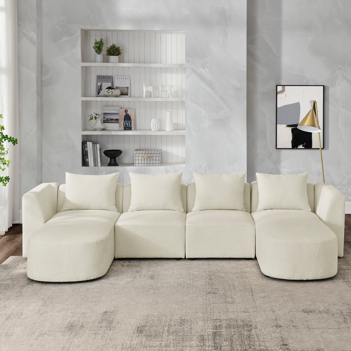 U Shape Sectional Sofa including Two Single Seats and Two Chaises, Modular Sofa, DIY Combination, Loop Yarn Fabric, Beige - Home Elegance USA