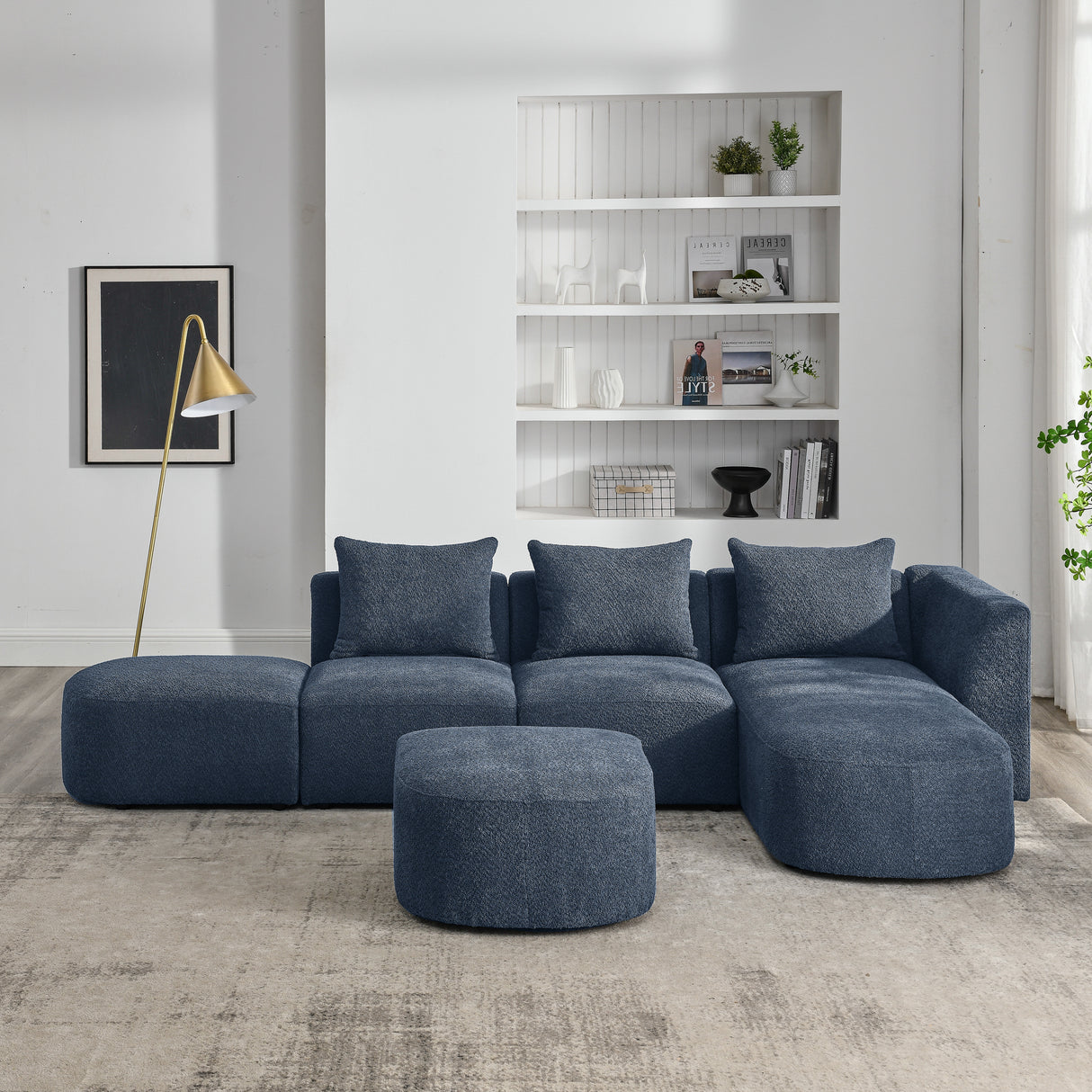 L Shape Sectional Sofa with Right Side Chaise and Ottoman, Modular Sofa, DIY Combination, Loop Yarn Fabric, Navy - Home Elegance USA