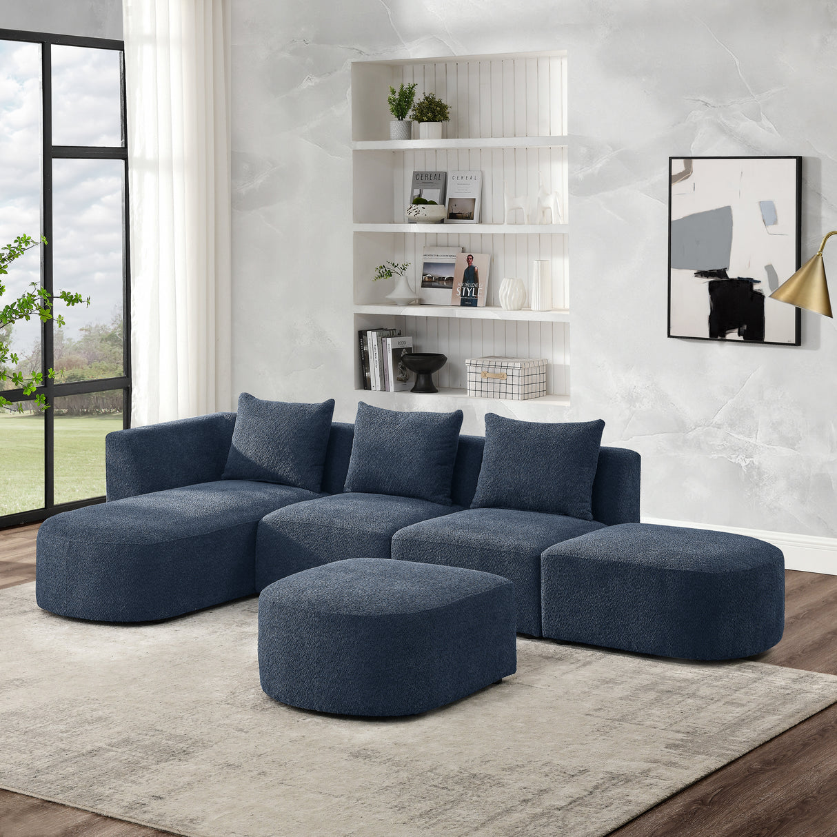 L Shape Sectional Sofa including Two Single Seats, Left Side Chaise and Two Ottomans, Modular Sofa, DIY Combination, Loop Yarn Fabric, Navy - Home Elegance USA