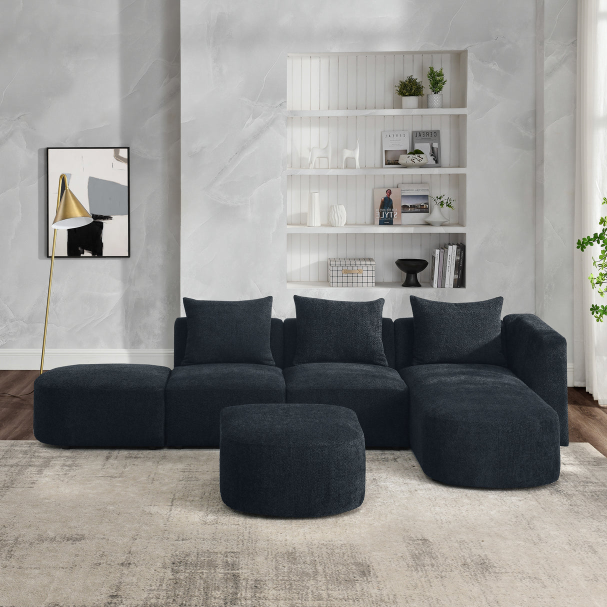 L Shape Sectional Sofa with Right Side Chaise and Ottoman, Modular Sofa, DIY Combination, Loop Yarn Fabric, Black - Home Elegance USA