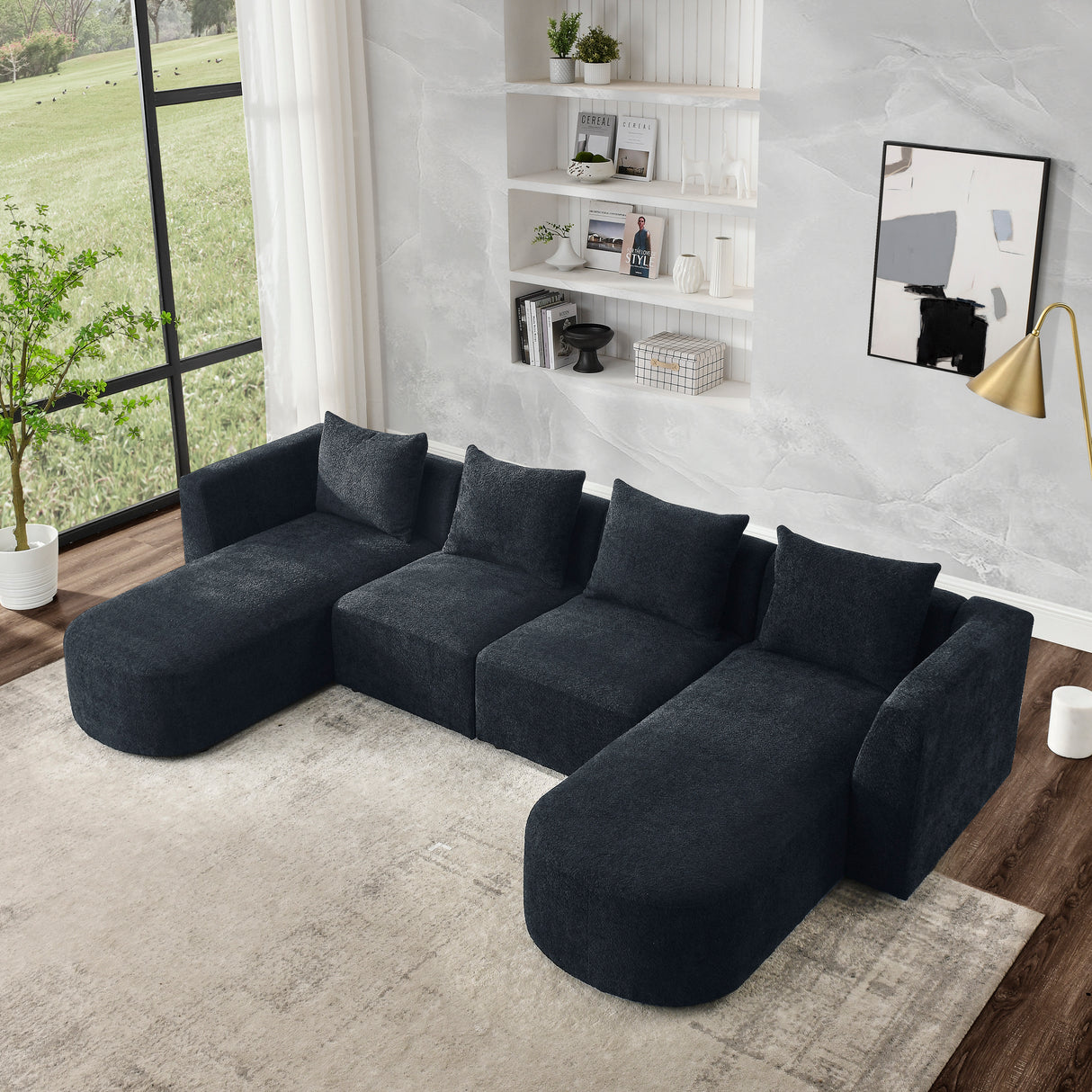 U Shape Sectional Sofa including Two Single Seats and Two Chaises, Modular Sofa, DIY Combination, Loop Yarn Fabric, Black - Home Elegance USA
