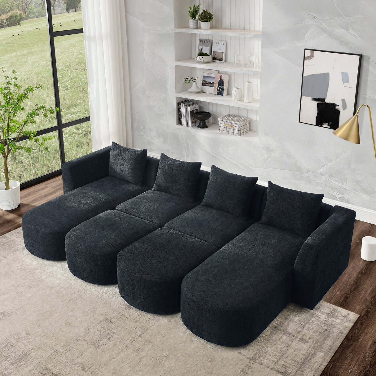 U Shape Sectional Sofa including Two Single Seat, Two Chaises and Two Ottomans, Modular Sofa, DIY Combination, Loop Yarn Fabric, Black - Home Elegance USA