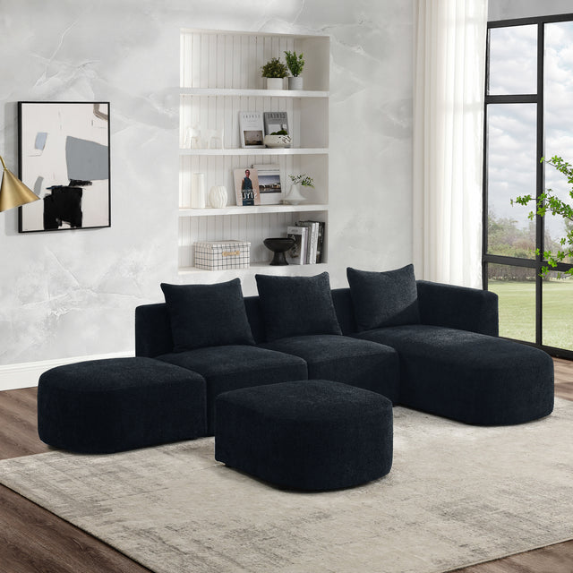 L Shape Sectional Sofa with Right Side Chaise and Ottoman, Modular Sofa, DIY Combination, Loop Yarn Fabric, Black - Home Elegance USA
