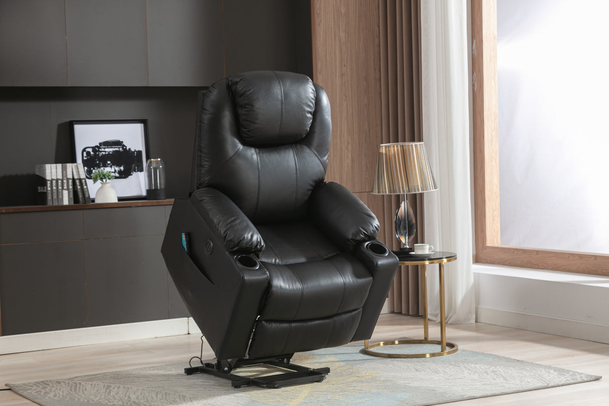 Leather Electric Lift Recliner for the Elderly with Massage and Heat, Power Lift Chair, with Breathable microporous Leather, USB Ports, 2 Cup Holders, Sofa suitable for living room&bed room, Black Home Elegance USA