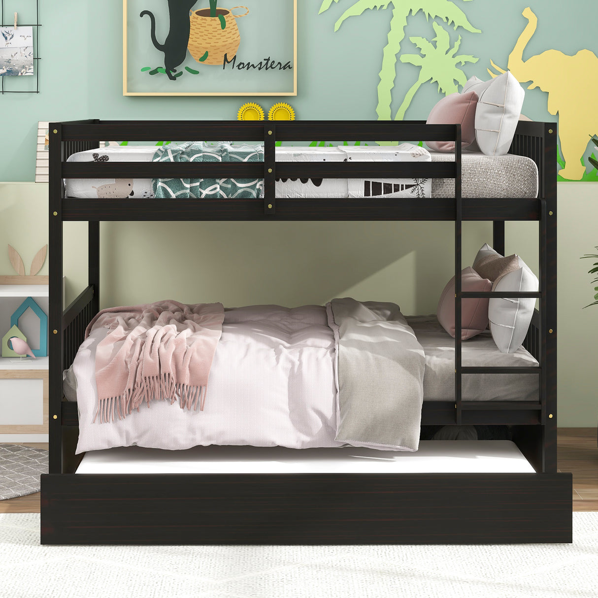 Full Over Full Bunk Bed with Trundle,Espresso - Home Elegance USA