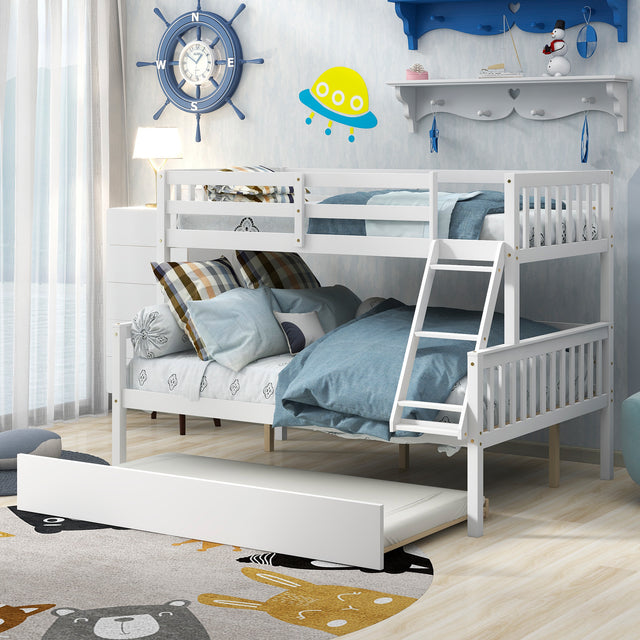 Twin Over Full Bunk Bed with Trundle, Convertible into 2 Beds, the Bunk Bed with Ladder and Safety Rails for Kids, Teens, Adults, White (Old Sku:W504S00030) - Home Elegance USA