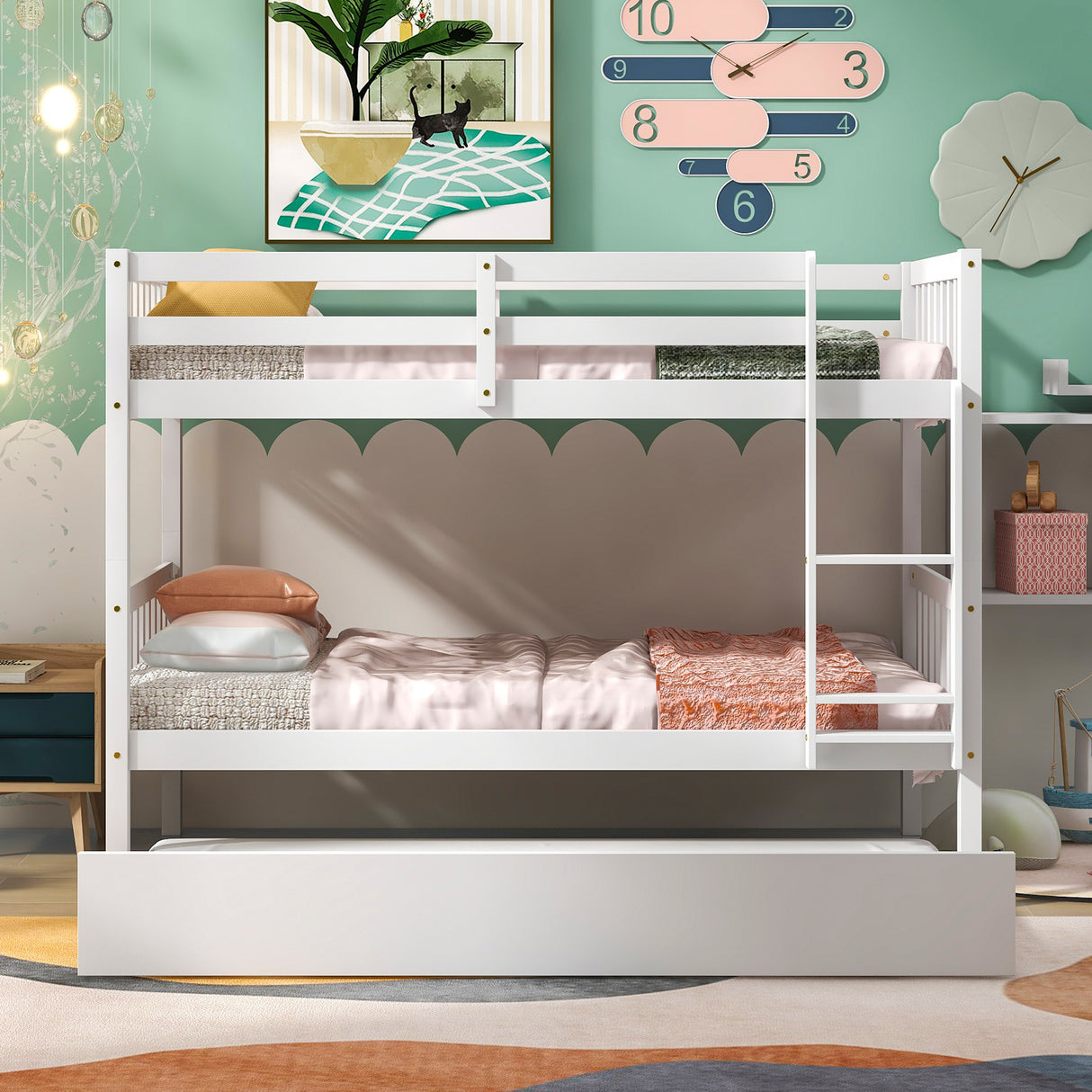 Twin Over Twin Bunk Beds with Trundle, Solid Wood Trundle Bed Frame with Safety Rail and Ladder, Kids/Teens Bedroom, Guest Room Furniture, Can Be converted into 2 Beds, White (Old Sku:W504S00028) - Home Elegance USA