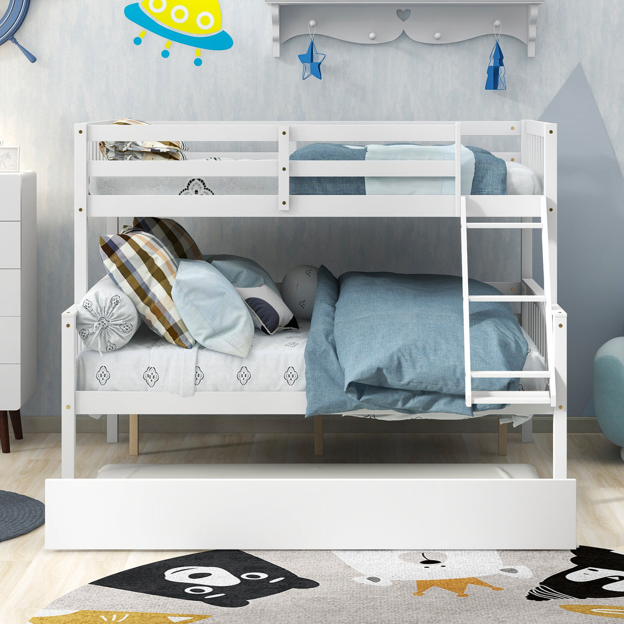 Twin Over Full Bunk Bed with Trundle, Convertible into 2 Beds, the Bunk Bed with Ladder and Safety Rails for Kids, Teens, Adults, White (Old Sku:W504S00030) - Home Elegance USA