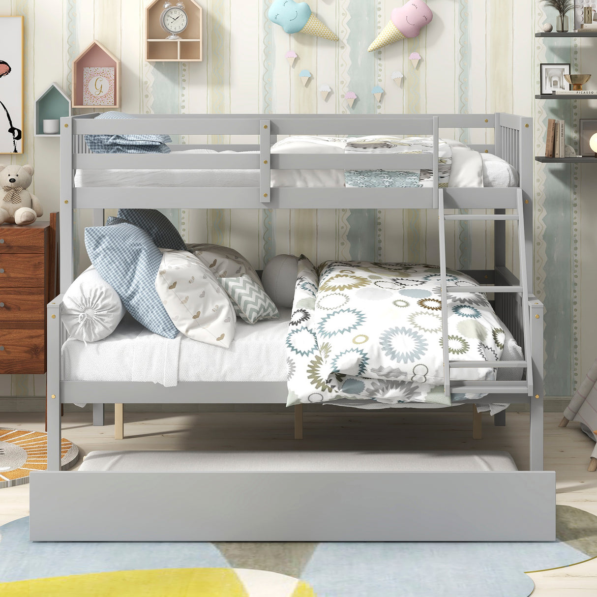 Twin Over Full Bunk Bed with Trundle, Convertible into 2 Beds, the Bunk Bed with Ladder and Safety Rails for Kids, Teens, Adults, Grey (Old Sku:W504S00029) - Home Elegance USA