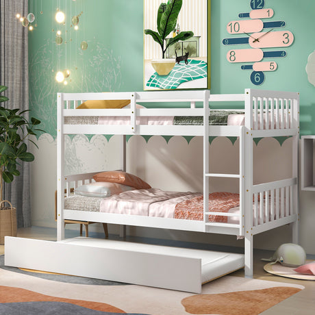 Twin Over Twin Bunk Beds with Trundle, Solid Wood Trundle Bed Frame with Safety Rail and Ladder, Kids/Teens Bedroom, Guest Room Furniture, Can Be converted into 2 Beds, White (Old Sku:W504S00028) - Home Elegance USA