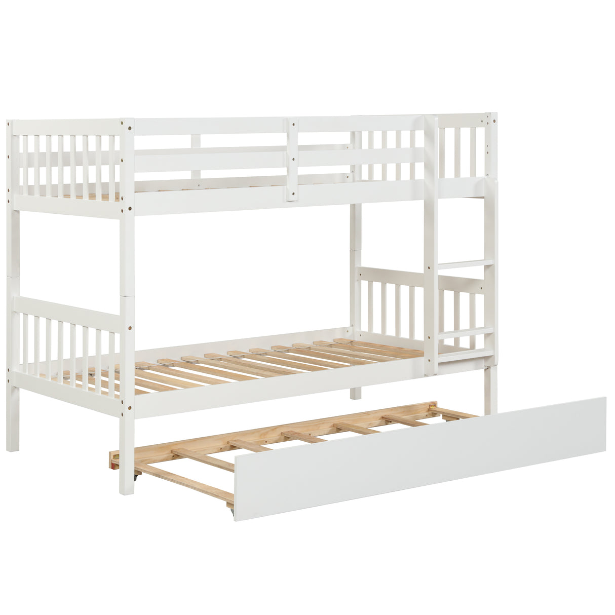 Twin Over Twin Bunk Beds with Trundle, Solid Wood Trundle Bed Frame with Safety Rail and Ladder, Kids/Teens Bedroom, Guest Room Furniture, Can Be converted into 2 Beds, White (Old Sku:W504S00028) - Home Elegance USA