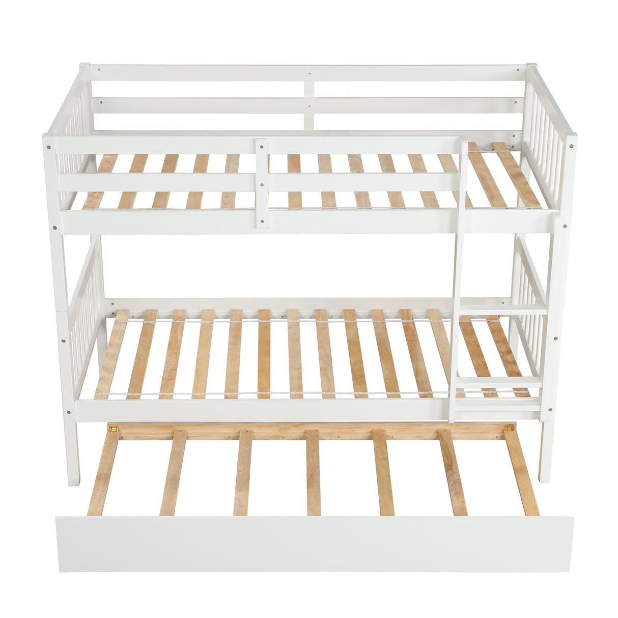 Twin Over Twin Bunk Beds with Trundle, Solid Wood Trundle Bed Frame with Safety Rail and Ladder, Kids/Teens Bedroom, Guest Room Furniture, Can Be converted into 2 Beds, White (Old Sku:W504S00028) - Home Elegance USA