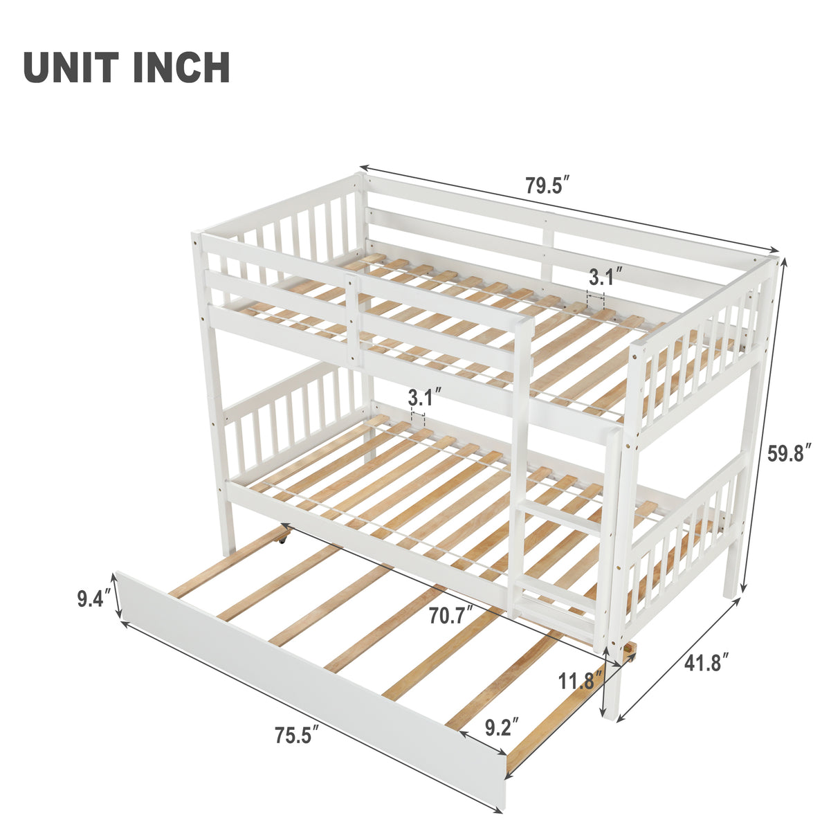 Twin Over Twin Bunk Beds with Trundle, Solid Wood Trundle Bed Frame with Safety Rail and Ladder, Kids/Teens Bedroom, Guest Room Furniture, Can Be converted into 2 Beds, White (Old Sku:W504S00028) - Home Elegance USA