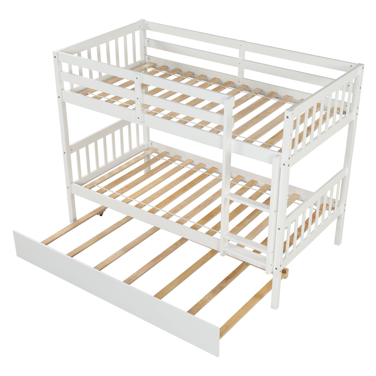 Twin Over Twin Bunk Beds with Trundle, Solid Wood Trundle Bed Frame with Safety Rail and Ladder, Kids/Teens Bedroom, Guest Room Furniture, Can Be converted into 2 Beds, White (Old Sku:W504S00028) - Home Elegance USA