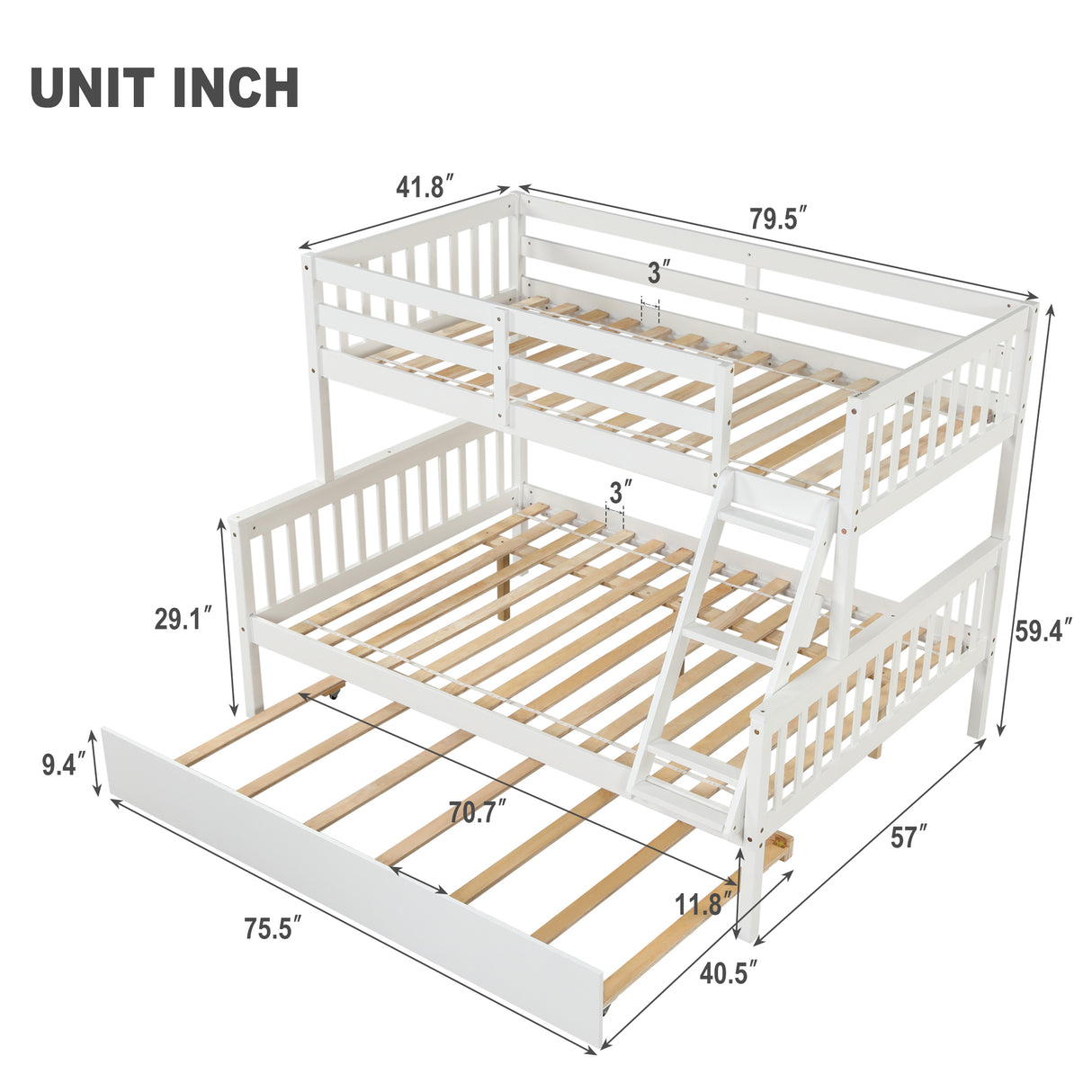 Twin Over Full Bunk Bed with Trundle, Convertible into 2 Beds, the Bunk Bed with Ladder and Safety Rails for Kids, Teens, Adults, White (Old Sku:W504S00030) - Home Elegance USA