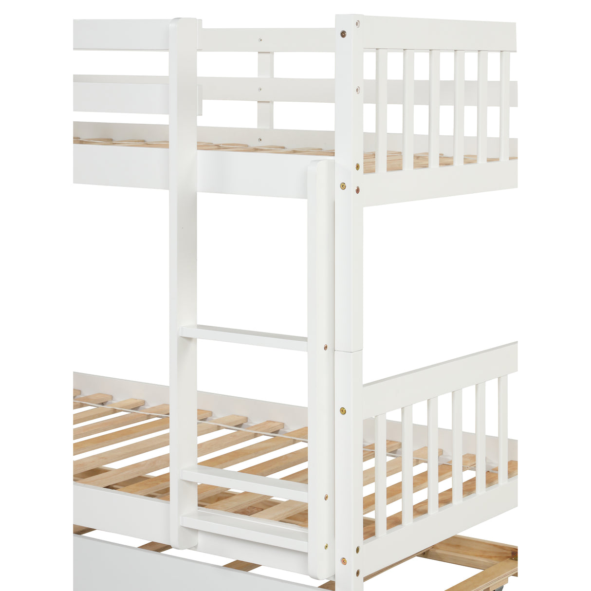 Twin Over Twin Bunk Beds with Trundle, Solid Wood Trundle Bed Frame with Safety Rail and Ladder, Kids/Teens Bedroom, Guest Room Furniture, Can Be converted into 2 Beds, White (Old Sku:W504S00028) - Home Elegance USA