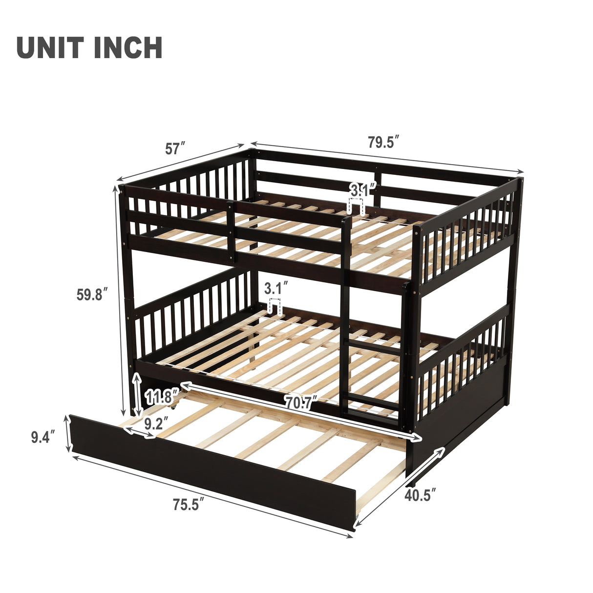 Full Over Full Bunk Bed with Trundle,Espresso - Home Elegance USA