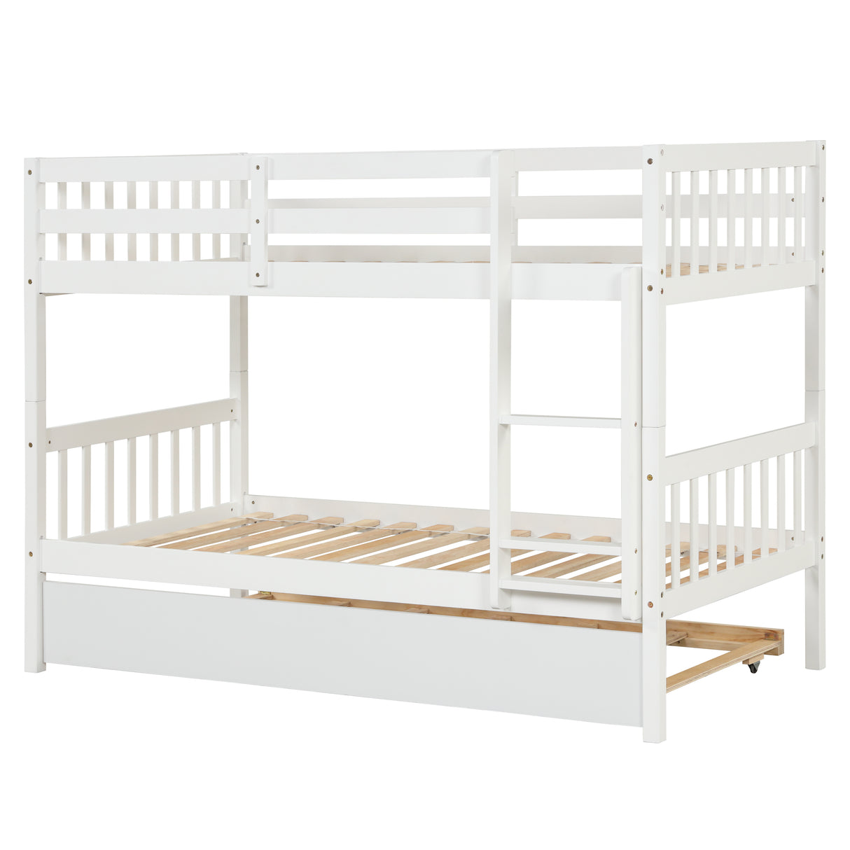 Twin Over Twin Bunk Beds with Trundle, Solid Wood Trundle Bed Frame with Safety Rail and Ladder, Kids/Teens Bedroom, Guest Room Furniture, Can Be converted into 2 Beds, White (Old Sku:W504S00028) - Home Elegance USA