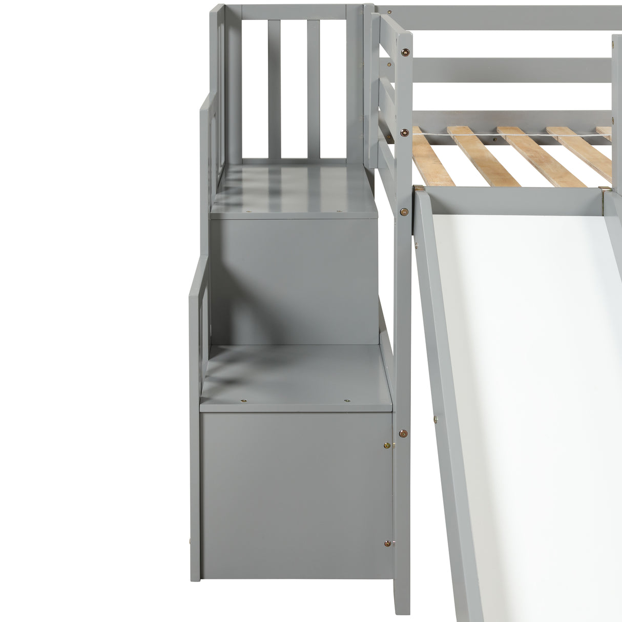 Loft Bed with Staircase, Storage, Slide, Twin size, Full-length Safety Guardrails, No Box Spring Needed, Grey (Old Sku:W504S00005) - Home Elegance USA