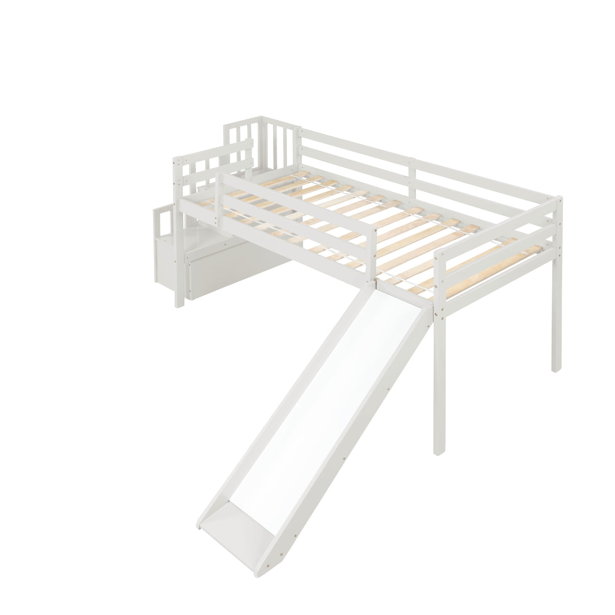 Loft Bed with Staircase, Storage, Slide, Twin size, Full-length Safety Guardrails, No Box Spring Needed, White (Old Sku:W504S00004) - Home Elegance USA