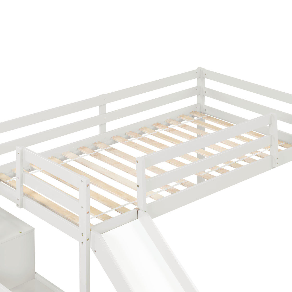 Loft Bed with Staircase, Storage, Slide, Twin size, Full-length Safety Guardrails, No Box Spring Needed, White (Old Sku:W504S00004) - Home Elegance USA