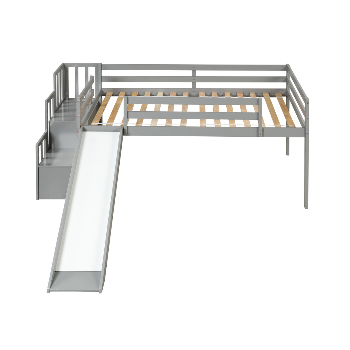 Loft Bed with Staircase, Storage, Slide, Twin size, Full-length Safety Guardrails, No Box Spring Needed, Grey (Old Sku:W504S00005) - Home Elegance USA