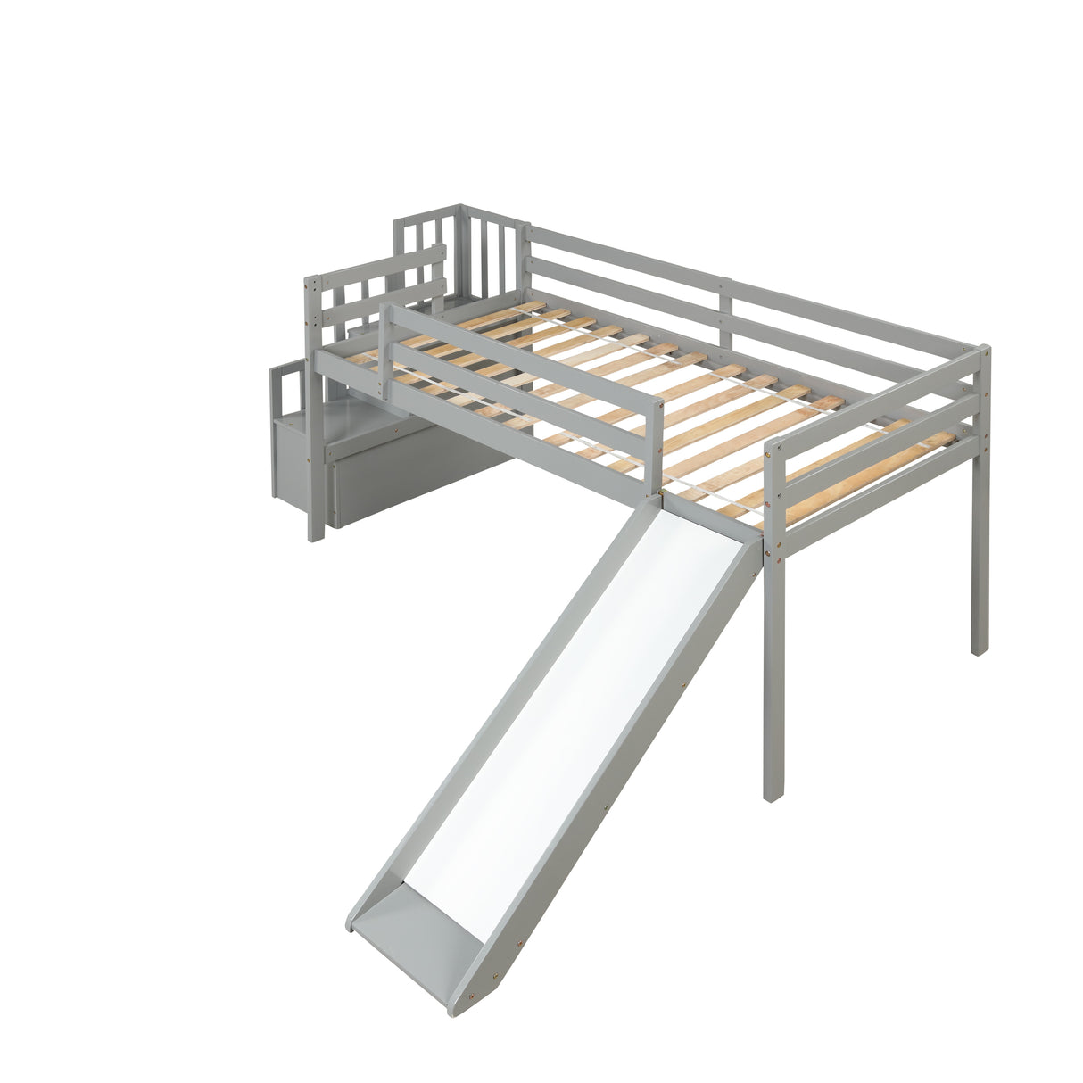 Loft Bed with Staircase, Storage, Slide, Twin size, Full-length Safety Guardrails, No Box Spring Needed, Grey (Old Sku:W504S00005) - Home Elegance USA