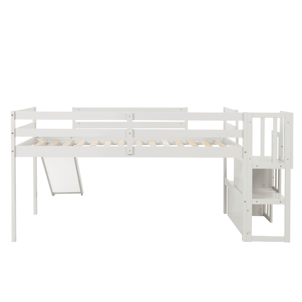 Loft Bed with Staircase, Storage, Slide, Twin size, Full-length Safety Guardrails, No Box Spring Needed, White (Old Sku:W504S00004) - Home Elegance USA