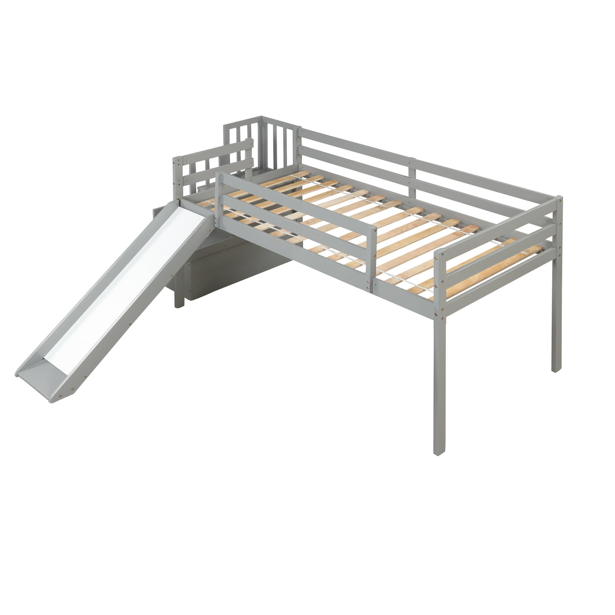 Loft Bed with Staircase, Storage, Slide, Twin size, Full-length Safety Guardrails, No Box Spring Needed, Grey (Old Sku:W504S00005) - Home Elegance USA