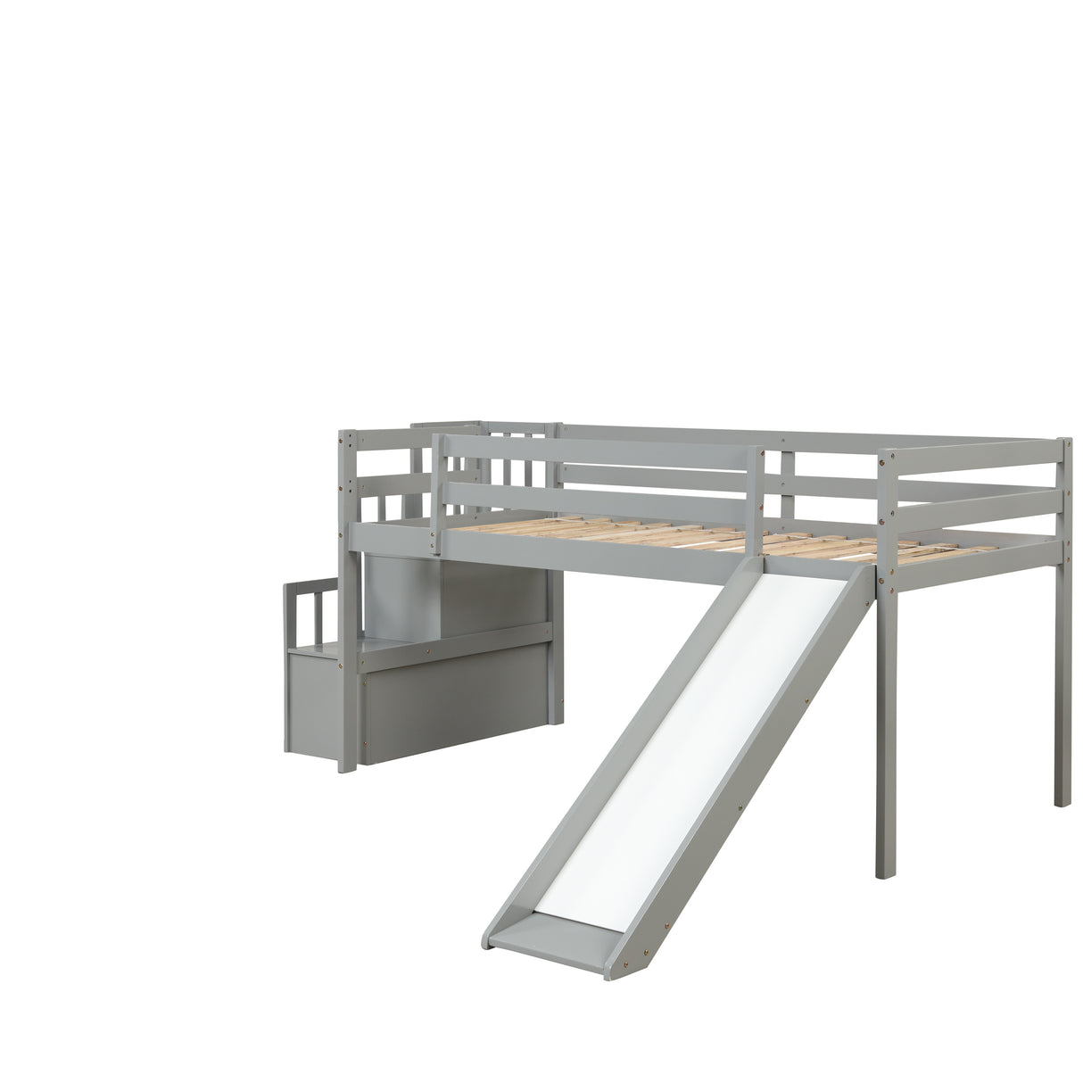 Loft Bed with Staircase, Storage, Slide, Twin size, Full-length Safety Guardrails, No Box Spring Needed, Grey (Old Sku:W504S00005) - Home Elegance USA