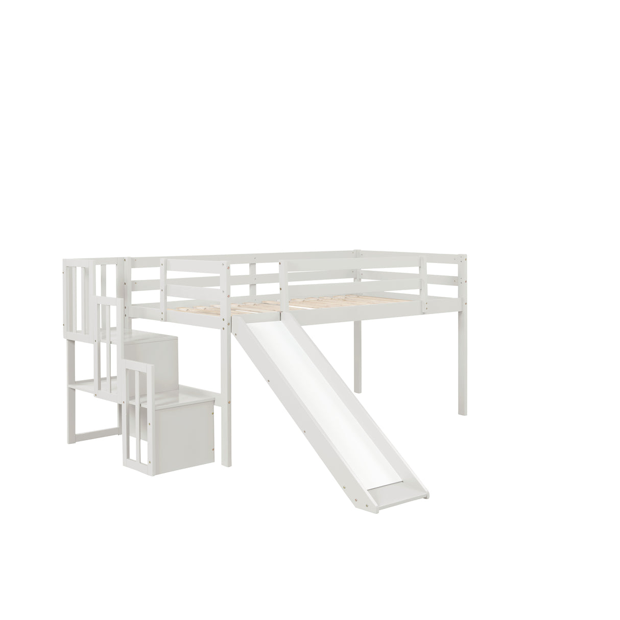 Loft Bed with Staircase, Storage, Slide, Twin size, Full-length Safety Guardrails, No Box Spring Needed, White (Old Sku:W504S00004) - Home Elegance USA