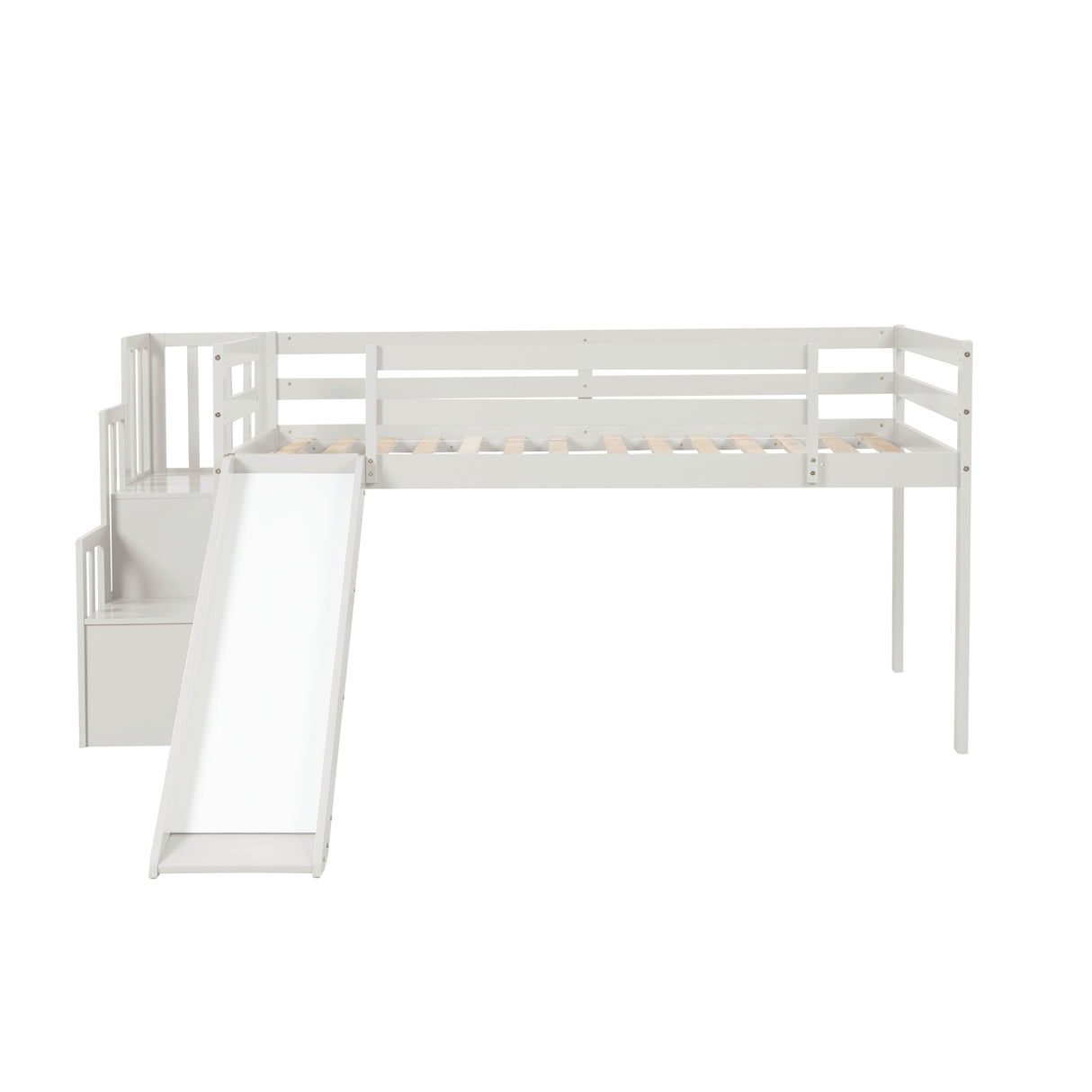 Loft Bed with Staircase, Storage, Slide, Twin size, Full-length Safety Guardrails, No Box Spring Needed, White (Old Sku:W504S00004) - Home Elegance USA