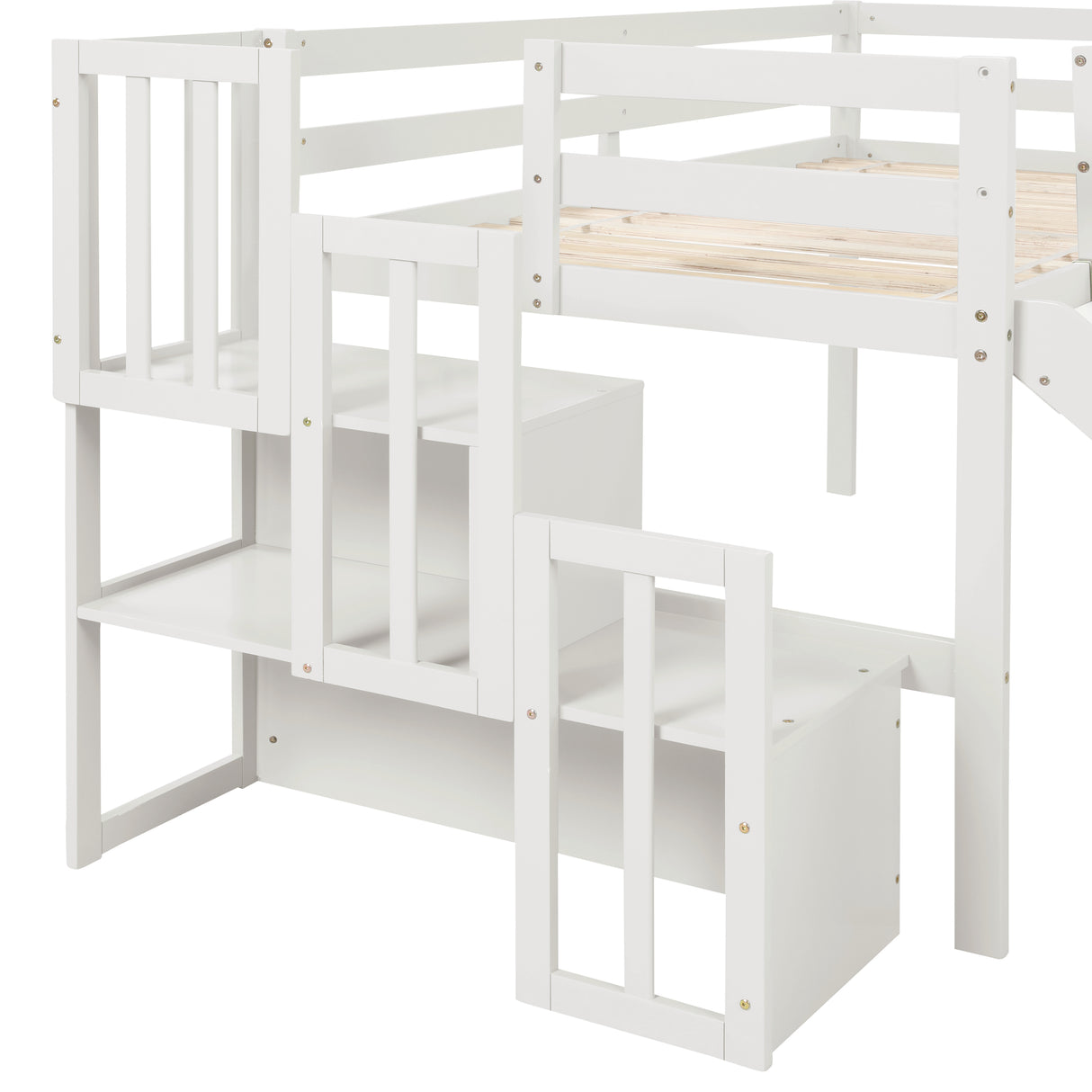 Loft Bed with Staircase, Storage, Slide, Twin size, Full-length Safety Guardrails, No Box Spring Needed, White (Old Sku:W504S00004) - Home Elegance USA
