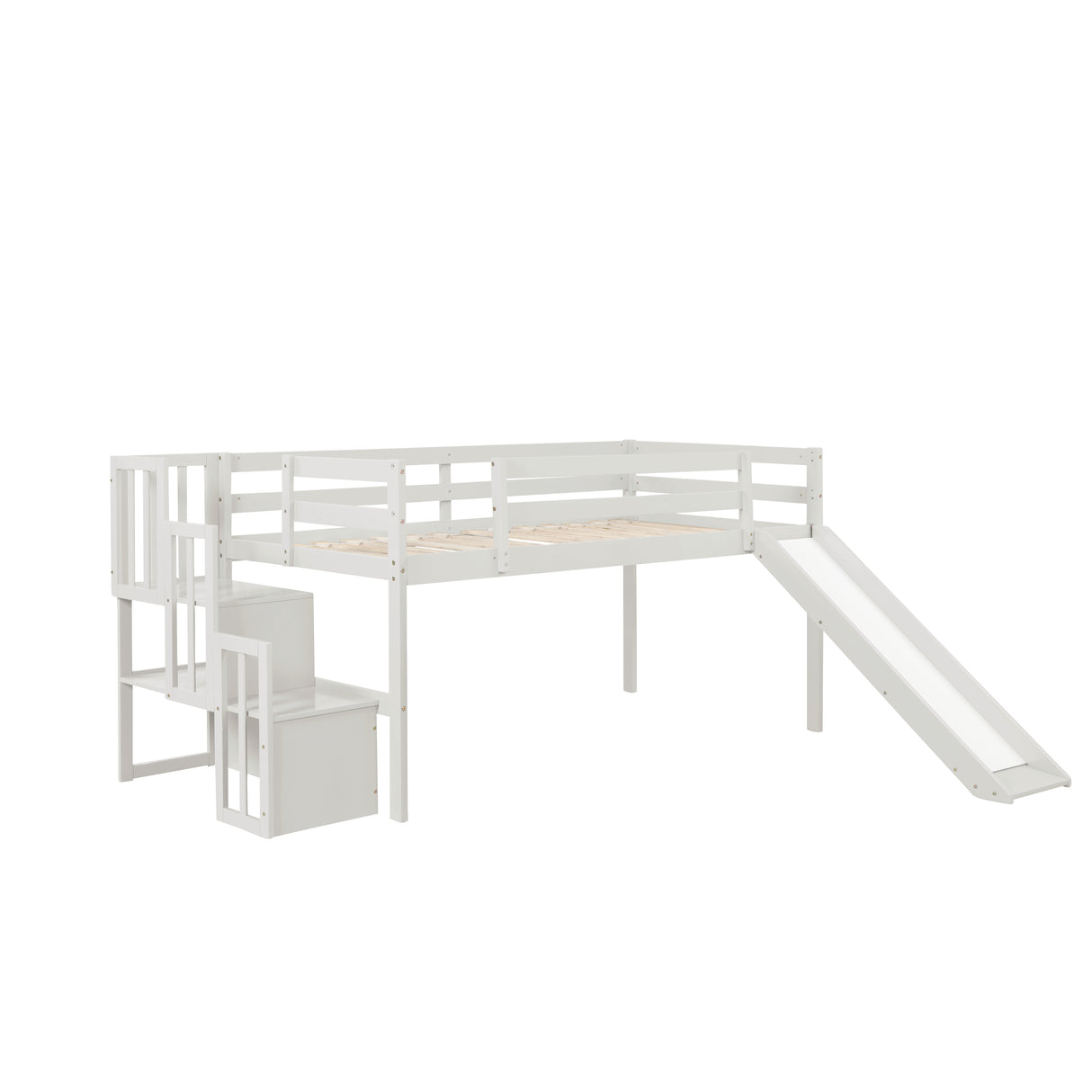 Loft Bed with Staircase, Storage, Slide, Twin size, Full-length Safety Guardrails, No Box Spring Needed, White (Old Sku:W504S00004) - Home Elegance USA