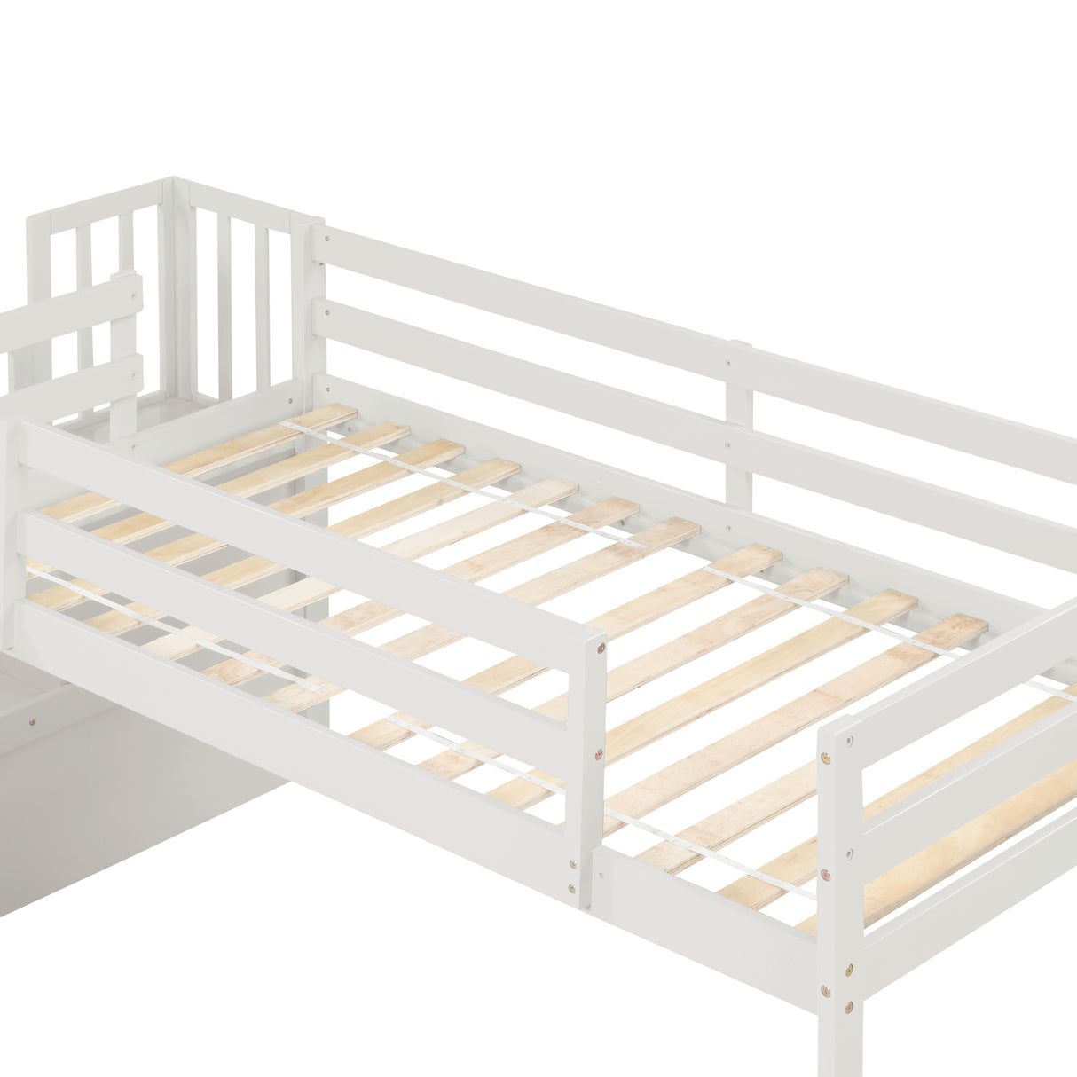 Loft Bed with Staircase, Storage, Slide, Twin size, Full-length Safety Guardrails, No Box Spring Needed, White (Old Sku:W504S00004) - Home Elegance USA