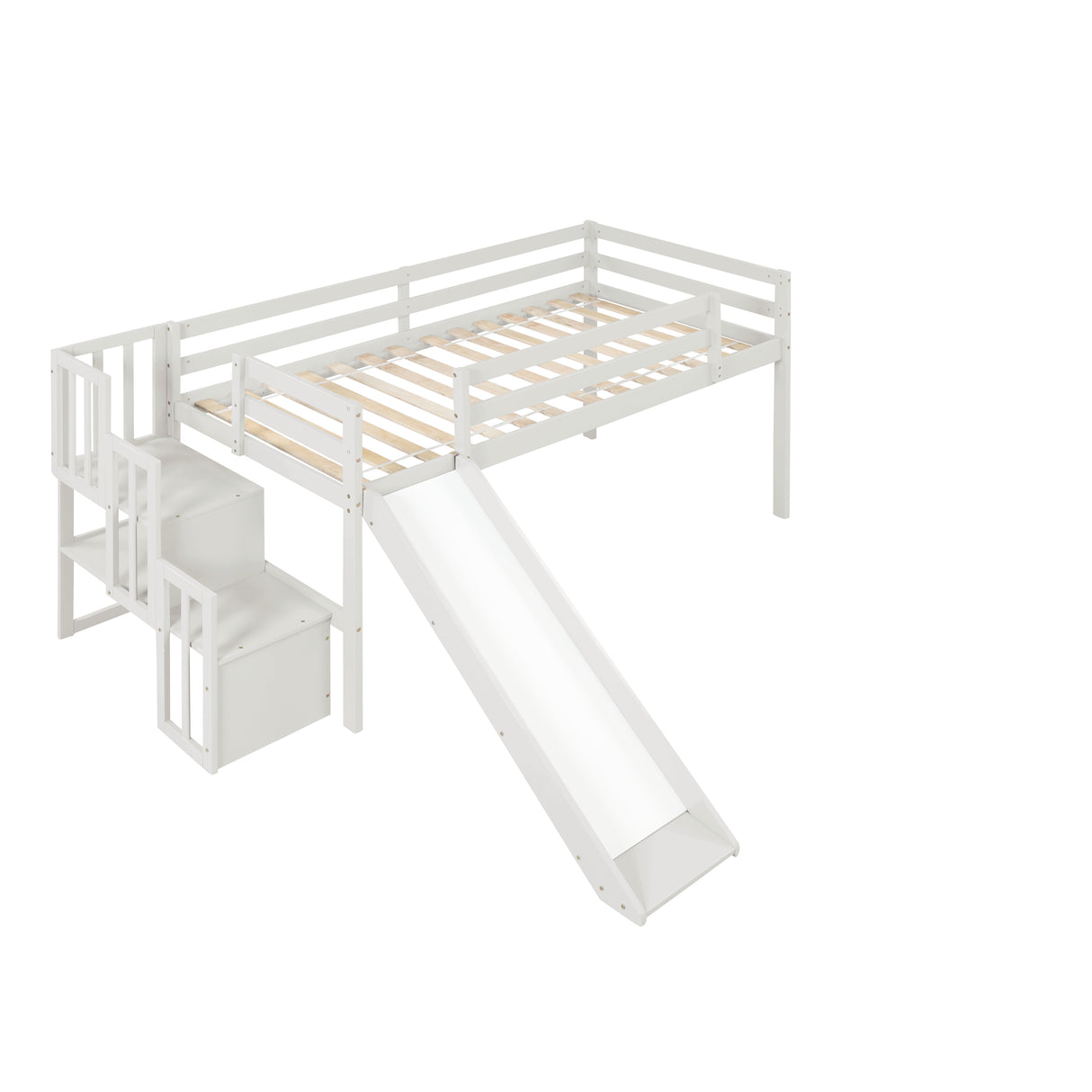 Loft Bed with Staircase, Storage, Slide, Twin size, Full-length Safety Guardrails, No Box Spring Needed, White (Old Sku:W504S00004) - Home Elegance USA