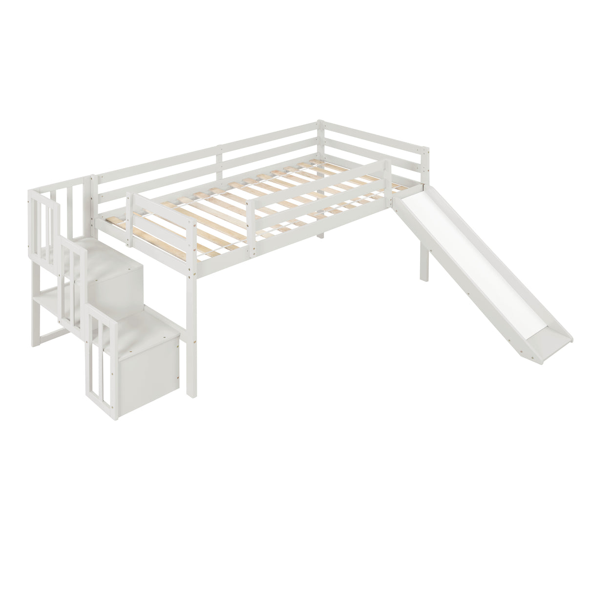 Loft Bed with Staircase, Storage, Slide, Twin size, Full-length Safety Guardrails, No Box Spring Needed, White (Old Sku:W504S00004) - Home Elegance USA