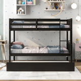 Twin Over Twin Bunk Beds with Trundle, Solid Wood Trundle Bed Frame with Safety Rail and Ladder, Kids/Teens Bedroom, Guest Room Furniture, Can Be converted into 2 Beds,Espresso - Home Elegance USA