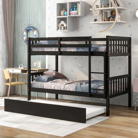 Twin Over Twin Bunk Beds with Trundle, Solid Wood Trundle Bed Frame with Safety Rail and Ladder, Kids/Teens Bedroom, Guest Room Furniture, Can Be converted into 2 Beds,Espresso - Home Elegance USA