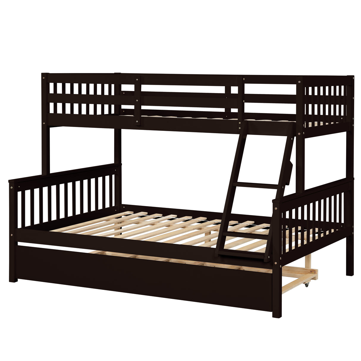 Twin Over Full Bunk Bed with Trundle, Convertible into 2 Beds, the Bunk Bed with Ladder and Safety Rails for Kids, Teens, Adults, Espresso - Home Elegance USA