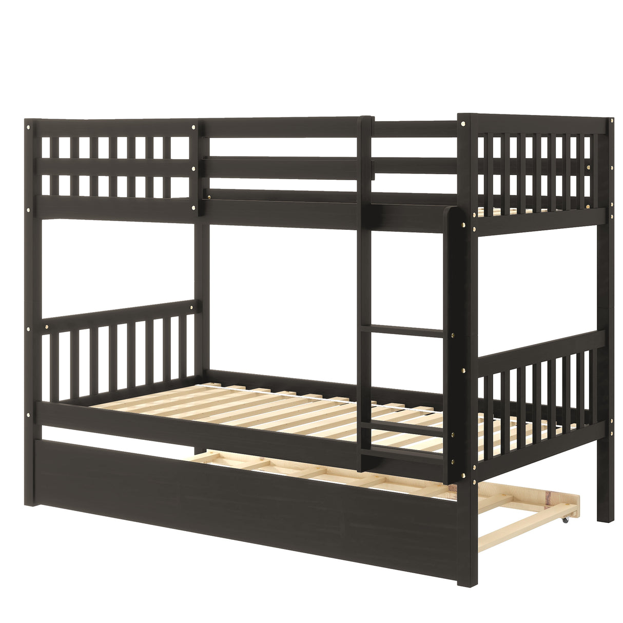 Twin Over Twin Bunk Beds with Trundle, Solid Wood Trundle Bed Frame with Safety Rail and Ladder, Kids/Teens Bedroom, Guest Room Furniture, Can Be converted into 2 Beds,Espresso - Home Elegance USA