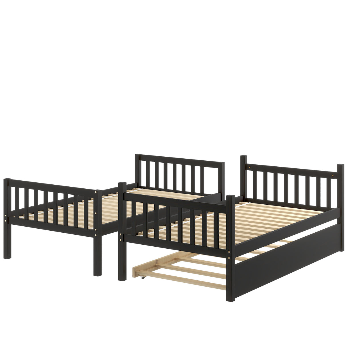 Twin Over Twin Bunk Beds with Trundle, Solid Wood Trundle Bed Frame with Safety Rail and Ladder, Kids/Teens Bedroom, Guest Room Furniture, Can Be converted into 2 Beds,Espresso - Home Elegance USA