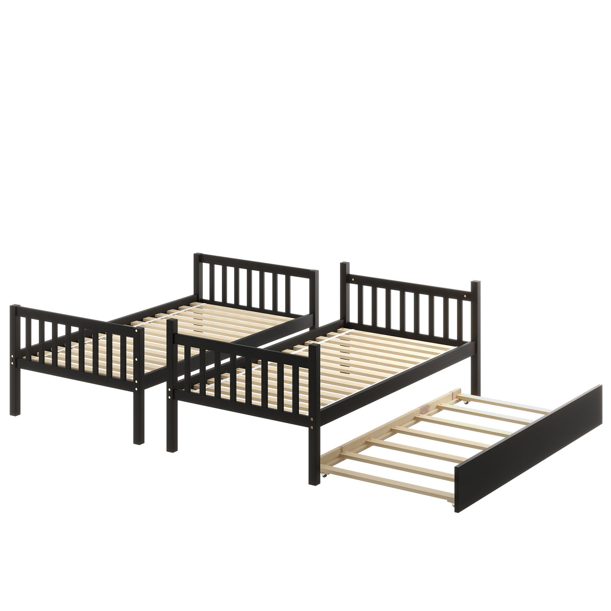 Twin Over Twin Bunk Beds with Trundle, Solid Wood Trundle Bed Frame with Safety Rail and Ladder, Kids/Teens Bedroom, Guest Room Furniture, Can Be converted into 2 Beds,Espresso - Home Elegance USA