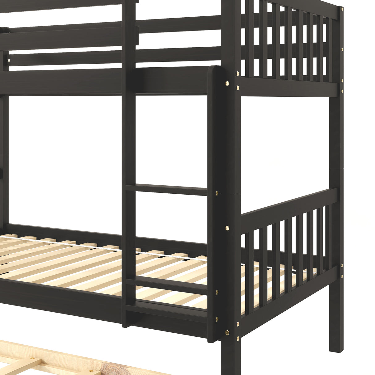 Twin Over Twin Bunk Beds with Trundle, Solid Wood Trundle Bed Frame with Safety Rail and Ladder, Kids/Teens Bedroom, Guest Room Furniture, Can Be converted into 2 Beds,Espresso - Home Elegance USA