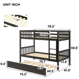 Twin Over Twin Bunk Beds with Trundle, Solid Wood Trundle Bed Frame with Safety Rail and Ladder, Kids/Teens Bedroom, Guest Room Furniture, Can Be converted into 2 Beds,Espresso - Home Elegance USA